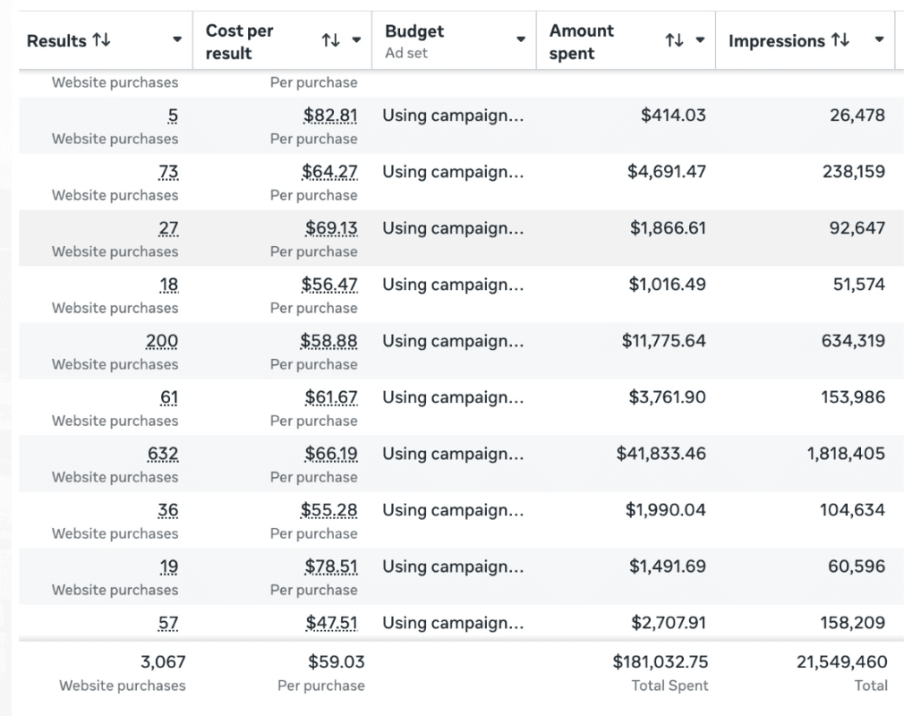 Ads Manager: 3,067 website purchases at $59.03, $181,032.75 spent across 21.5M impressions