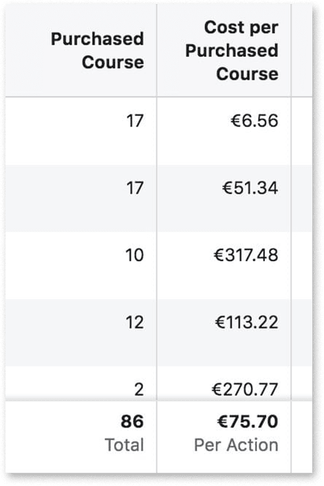 Ads Manager: 86 courses purchased, €75.70 per purchase