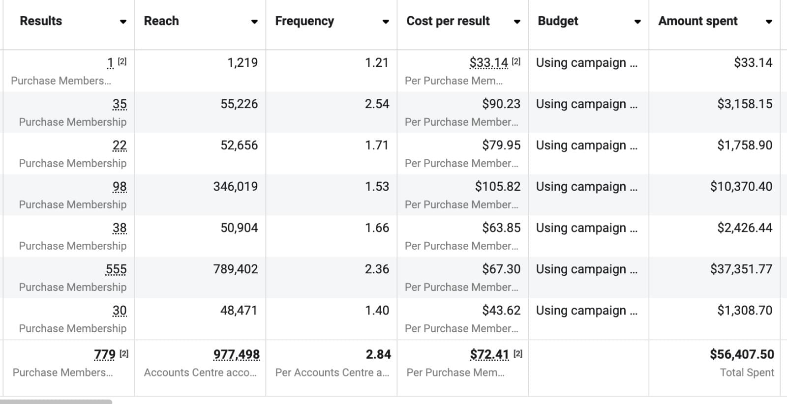 Ads Manager: 779 memberships purchased, $56,407.50 spent