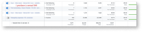 Ads Manager: 1,071 purchases — one ticket is around $60