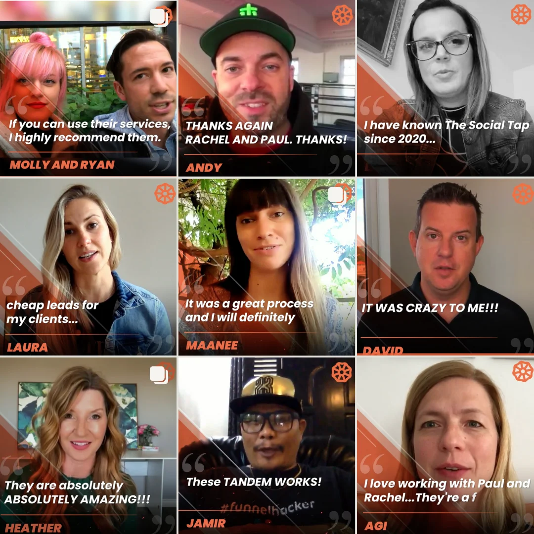Nine Social Tap clients giving video testimonials